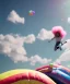 Placeholder: Ultra realistic speed clouds sky scene, wide angle view, sweet childs falling down, inflatable color clothing, free jumping flying, many trinkets, hair monster, many jelly beans, balls, color smoke, smile, happy, circus style, extreme, wind, clouds sea, 20,000 feet altitude, stratosphere, soft color, highly detailed, unreal engine 5, ray tracing, RTX, lumen lighting, ultra detail, volumetric lighting, 3d, finely drawn, high definition, high resolution.