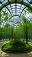 Placeholder: A view from inside a huge glass structure in the shape of a hemisphere, the glass structure is full of various trees and flowers