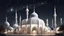 Placeholder: Hyper Realistic White-&-Silver-Mosque with beautifully-crafted-domes-&-minarets & light-lamp-stand at beautiful dark night with stars on sky & few men worshiping