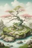 Placeholder: Japanese painting of a zen garden with moss covered stones and a twisted blooming tree in the middle, in the style of Sumî-e, pastel colours