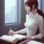 Placeholder: Anime, female student studying under window, studying lesson, perfect face, cool face, ultra detail, unreal engine 5, cinema4d, sun light, studio lighting --ar 1:1 --v 4