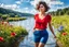 Placeholder: beautiful girl supper model, in nice red top ,blue short pants, with curvy hair,perfect face,perfect eyes,country side wavy narrow river ,wild flowers ,blue sky nice clouds,walk in water with splash