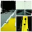 Placeholder: Minimal abstract oil paintings desolate 1960s carpark concrete fragments style of Justin Mortimer and Francis Bacon. Yellow road markings.