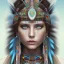 Placeholder: war painted pueblo Indian female,detailed eyes, blue eyes,, disturbed expression.intricate detaile,thnically accurate face, intricate head dress,detailed turquoise jewelry, detailed hair, detailed feathers, use dynamic palette, accurate proportions, high contrast black smokey bokeh background.studio ghibli,andrea bonelli, style.