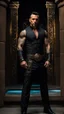 Placeholder: Jason David Frank as a Very muscular alpha male with short hair and tribal tattoo and piercings. Wearing a black designer suit , standing in a doorway. dark fantasy, hyperrealistic