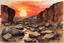 Placeholder: Sunset, rocks, mountains, rocky land, epic, winslow homer watercolor paintings