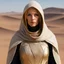 Placeholder: The Bene Gesserit stands amidst the unforgiving desert, a young Bene Gesserit adorned in a stillsuit, a garment as essential as the air she breathes in this harsh environment. The fabric clings to her figure, its intricate design serving a dual purpose—protection and survival. The tight-fitting hood frames her face, shielding it from the relentless sun, while her eyes, sharp and perceptive, scan the horizon for any signs of danger. As she walks, each step kicks up a small cloud of sand, leaving