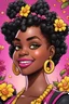 Placeholder: Create a comic book cartoon art style of a curvy black female looking to the side with a smile on her face. Prominent makeup with hazel eyes. Highly detailed Bantu knots with bright yellow and pink flowers surrounding her. 2k