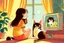 Placeholder: brunette girl watching tv with a cat, children's book illustration in style of Brigette Barrager, Sven Nordqvist and Nicole Rubel in sunshine