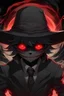 Placeholder: A anime character with a a grey straw hat glowing red eyes a shaded head monster hands in a black torn up suit