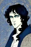 Placeholder: young black haired blue eyed wizard in the style of aubrey beardsley