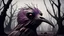 Placeholder: close up weird crepy bird head, and far away Birds and trees in alternative surreal barren, dry, gloomy world, nightmare in abyss, deep vortex, black, gray, purple, brown, silver, dark red colors, surreal, weird dark fantasy, deep dark colors, sharp lines, crepy stunning, high detalied, weird, fog, shadows, realistic, surreal, highly detailed, melancholic thriller mood