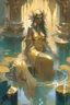Placeholder: fantasy painting, water priestess in an oasis having a bath, gold dress and veil, lots of jewels, nacre and gold, muted color palette, dark, andreas rocha style