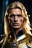 Placeholder: Portrait of a handsome human warrior in a skintight suit with long blond hair and jewels encrusted into his temples