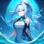 Placeholder: girl, masterpiece, best quality, volumetric lighting, dynamic pose, detailed outfit, perfect eyes, light blue hair, blue eyes, messy hair, hair in between the eyes, water magic, high ponytail,