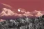 Placeholder: crimson moon, sharp, dark, snow capped mountain, science fiction castle