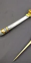 Placeholder: A long silver and Gold spear weapon with a rose at the handle and thorns up the poll, realistic, fantasy,