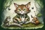 Placeholder: caricature, alcohol ink graphic from an european wild cat sitting in moss, between tendrils and a dead little bird lies between his paws, looks casually and devilishly at the camera, caricature style, detailed, kind, humorous, sharp lines, comic, digital art , blur background