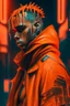 Placeholder: Chris brown dressing in orange, cyberpunk, ultra realistic