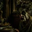 Placeholder: Strong texture, photorealism, Caravaggio, Arcimboldo, Egon Schiele. Intricate patterns, hypermaximalist. Photo made of inside house, an eerily mysterious, hidden and odd person is eating, a witchy house, sober style, pastel colors. Movie shot, spooky. Sinister scribbles, 33mm photography. Beasts