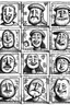 Placeholder: Silly small stamp diferent medieval people with diferent expressions, some dramatic, somo happy. the style is minimal black and white stamp. in the sheet there are more than 5. very diverse court memebers and everyday people. man, woman, kids. white background