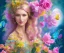 Placeholder: beautiful bright happy fairy portrait with long hair, thin face, two hands in a pink,blue, yellow flowers background,