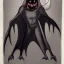 Placeholder: Man bat monster with long thin body and white skin and vampire fangs