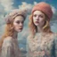 Placeholder: Surreal painting of elle fanning and lily cole, crochet hat, , the sky in the background