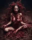 Placeholder: Petit weird woman with many worms from his body, sit pose, fullbody, splashes blood, behind guts rising from the ground, darkred tones, macro photography,