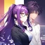 Placeholder: girl, masterpiece, best quality, volumetric lighting, dynamic pose, detailed outfit, perfect eyes, long hair, purple hair, vibrant golden eyes, office clothes, black glasses, messy hair, beautiful eyelashes, ponytail,