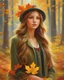 Placeholder: A young girl with long hair and autumn clothes in the autumn forest, beautiful portrait painting, by Vladimir volegov