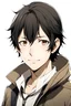 Placeholder: anime male with black hair and white eyes and brown jacket