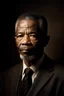 Placeholder: An extremely formal, funeral program on darkest brown deeply pigmented velvet paper with brilliant, brightest heavy golden fonts, with a photograph of an strikingly handsome slightly tanned Biracial Black man of 50 years of age on the front of the program, with a slightly gray goatee dressed in a very dark conservative suit and tie, the photograph has a dark brown background or dark brown drapery background, simple, minimalistic, less element, STUDIO LIGHTING,