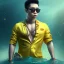 Placeholder:  fantasy art, upper body of krister chao the pimp with sunglasses on yellow slack line high above water