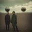 Placeholder: Polaroid portrait of a ball-headed couple in a peaceful wasteland, 8k, 3d
