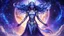 Placeholder: Full body portrait of a peaceful smiling guardian Goddess of the galaxies with a blue indigo purple skin, high skul, luminous eyes