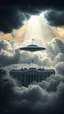 Placeholder: A ufo hovering above the White house hovering above swirling clouds, emerges from the heart of a raging storm. Turbulent winds of steam swirl around the iconic structure, lit by shafts of sunlight that cast dramatic shadows on the A large UFO spacecraft hovering over the pentagon building surrounding clouds. A storm rages and thunder lights up the dark sky,