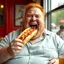 Placeholder: happy fat man with red hair eating a big hot dog, realistic photo, big mouth open, "Karlsson på taket" vibes