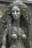 Placeholder: sculpture of beautiful girl with long curly hair , half the body , front view . decayed and rotting with grotesque proportions and imagery. grotesqueries, detailed texture, surreal horror, biomechanical design, by hr giger and beksinski