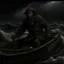 Placeholder: The angry black haired fisherman "Boatsman" on a stormy sea realistic grimdark