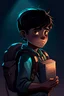 Placeholder: gimme a book cover photo which a boy 11 year old with dark hair in the dark with a backpack