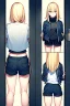 Placeholder: blonde girl with short jacket and shorts runs in a corridor, back view, line arts, manga style