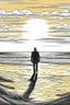 Placeholder: A solitary figure stands on an untouched, sandy beach, gazing at the setting sun painting the sky with warm hues in black and white. Footprints in the sand lead towards the horizon, symbolizing the freedom to explore and reflect in peaceful solitude.coloring book page, simple and clean line art, adult drawing book, black and white, crisp black lines, no shades, sharp lines, coloring book for adults, cartoon style, landscape