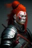 Placeholder: A samurai in armor without a helmet, with red hair.