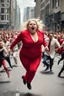 Placeholder: an obese terrified blonde woman in a red pant suit desperately running away from an angry mob of thousands of people chasing her down a city street