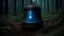Placeholder: bell shaped object with a smooth shiny metallic surface without a pattern turned over on its side buried and smoking in the middle of the forest after dark glowing blue