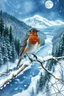 Placeholder: Wild bird perched on a frosted branch, vibrant plumage standing out against a snowy backdrop, Starry Night-inspired watercolor scenery featuring a meandering river and dense forest, Jody Bergsma style, sharp focus, intricate details, studio photo, trending on ArtStation, highly detailed, digital painting., Watercolor, trending on artstation, sharp focus, studio photo, intricate details, highly detailed, by greg rutkowski