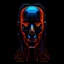 Placeholder: a robot like face, glitch effect, orange and blue glich, stylish, black background, glow