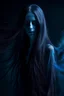 Placeholder: female blue ghost, long hair, beautiful, aggressive, dark style