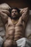 Placeholder: full figure photography, 35mm lens, ugly burly gypsy man 36 years old lying over the bed, with hands behind the head, hairy armpits, manly armpits, ugly and dirty, manly chest, hairy chest, muscular chubby, manly chest, shirtless, with ripped boxer, thin gold necklace, emotive eyes, photorealistic , dim side light, ambient occlusion, in the dark